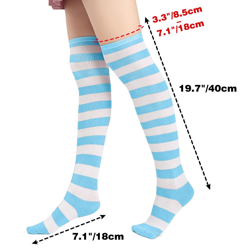 DAZCOS Striped Thigh High Socks Elastic Over The Knee Knit Stockings for Daily or Anime Cosplay (Light blue+White) - Image 3
